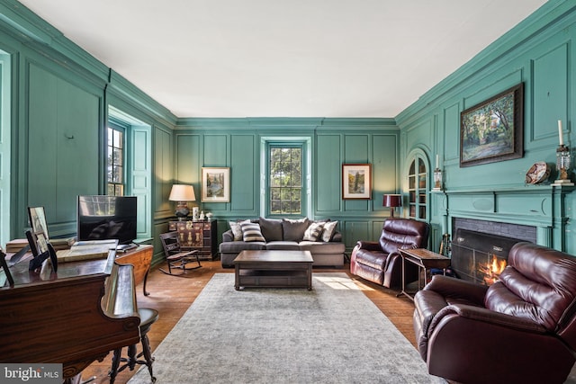 living room featuring light hardwood / wood-style floors and a fireplace