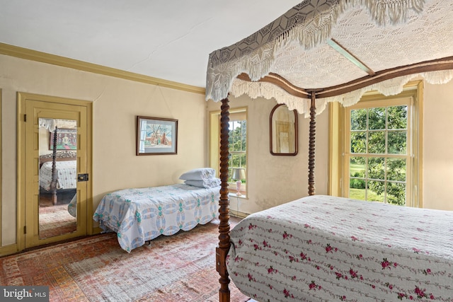 bedroom featuring ornamental molding and multiple windows