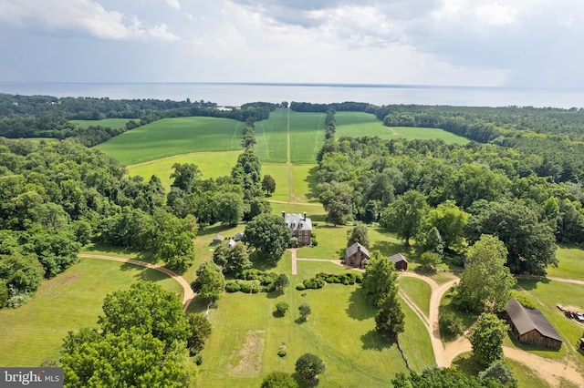 drone / aerial view with a water view and a rural view