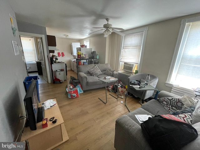 living room with ceiling fan and light wood-type flooring