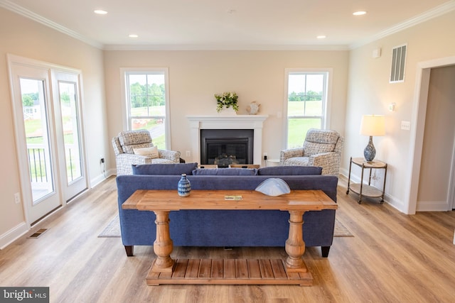 living room with crown molding and light hardwood / wood-style flooring