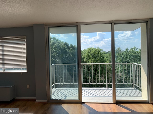 doorway to outside featuring a textured ceiling, dark hardwood / wood-style floors, and a healthy amount of sunlight