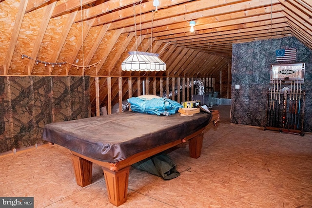 recreation room featuring lofted ceiling and pool table