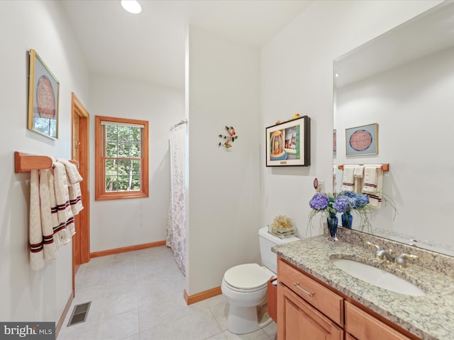 bathroom with toilet, tile flooring, and vanity