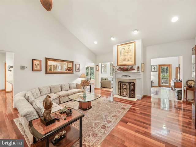 living room featuring high vaulted ceiling and light hardwood / wood-style flooring