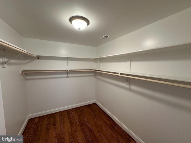 walk in closet with visible vents and dark wood-style floors