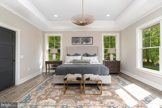 bedroom featuring ornamental molding, a raised ceiling, and dark wood-type flooring