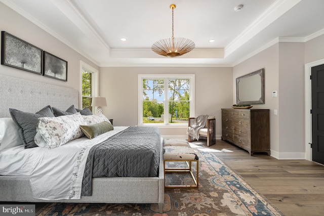 bedroom featuring dark hardwood / wood-style flooring, a raised ceiling, ornamental molding, and multiple windows