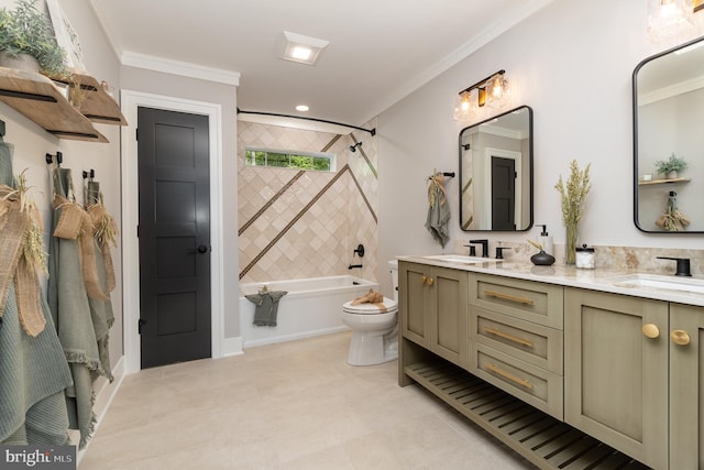 full bathroom with tiled shower / bath, tile flooring, toilet, double vanity, and ornamental molding