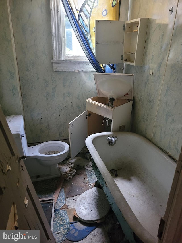 bathroom featuring a tub, sink, and toilet