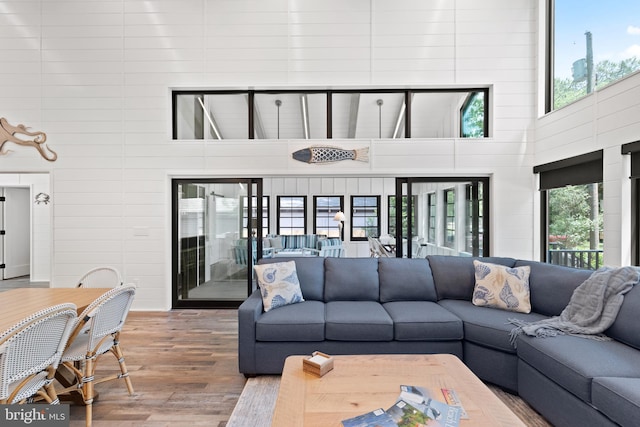 living room with a healthy amount of sunlight, a towering ceiling, and wood-type flooring