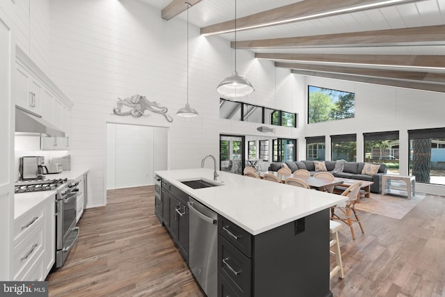 kitchen featuring hanging light fixtures, white cabinetry, stainless steel appliances, and high vaulted ceiling