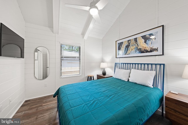 bedroom with beamed ceiling, dark wood-type flooring, high vaulted ceiling, wooden walls, and ceiling fan