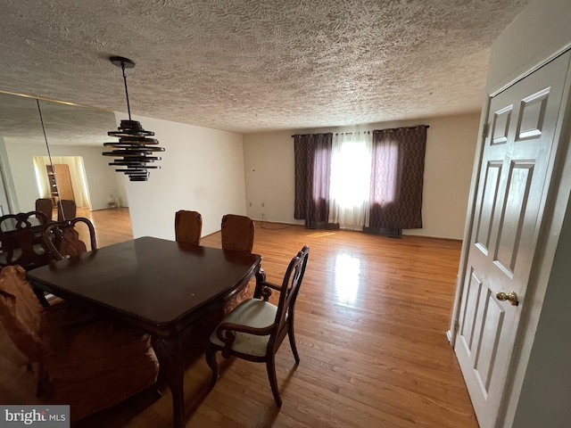 dining room featuring light wood-style floors and a textured ceiling