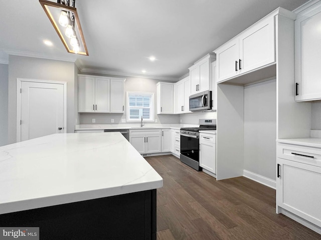 kitchen with white cabinetry, ornamental molding, dark hardwood / wood-style floors, and stainless steel appliances