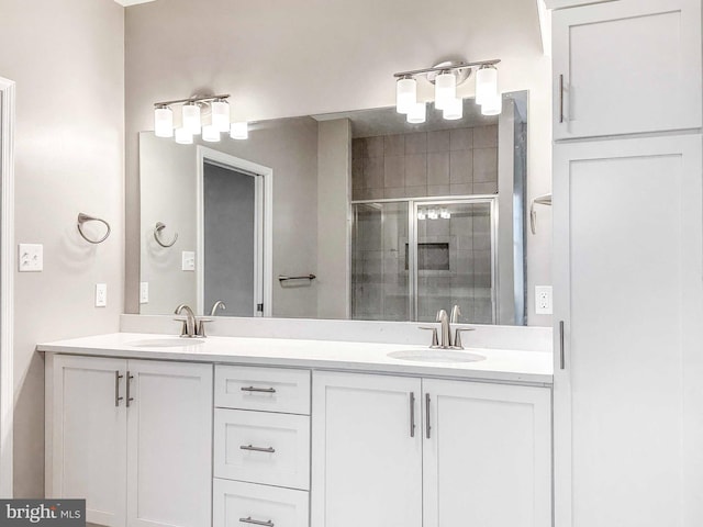 bathroom featuring a shower with shower door and dual bowl vanity