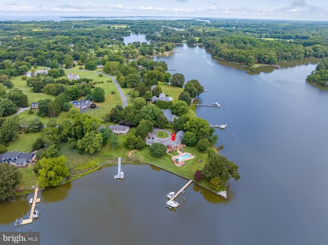 aerial view featuring a water view