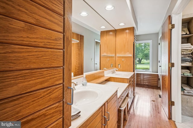 bathroom with vanity and wood-type flooring