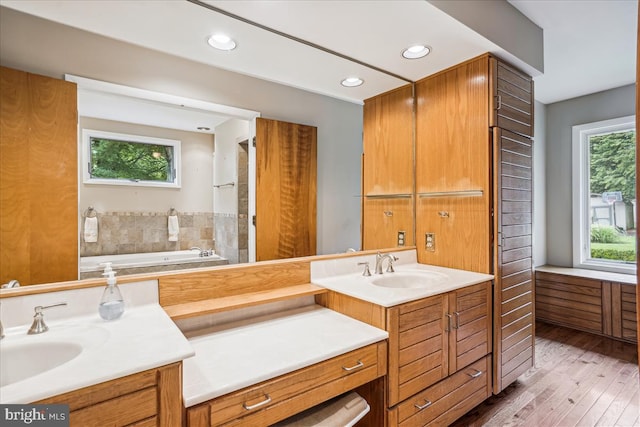 bathroom featuring vanity, plenty of natural light, and hardwood / wood-style flooring