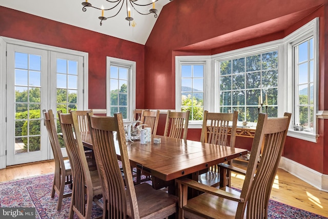 dining room featuring a wealth of natural light, a chandelier, and wood-type flooring