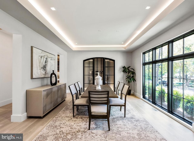 dining room featuring a raised ceiling and light hardwood / wood-style flooring