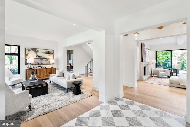 living room with light hardwood / wood-style flooring and a wealth of natural light