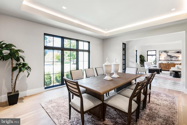 dining space with light hardwood / wood-style flooring and a tray ceiling