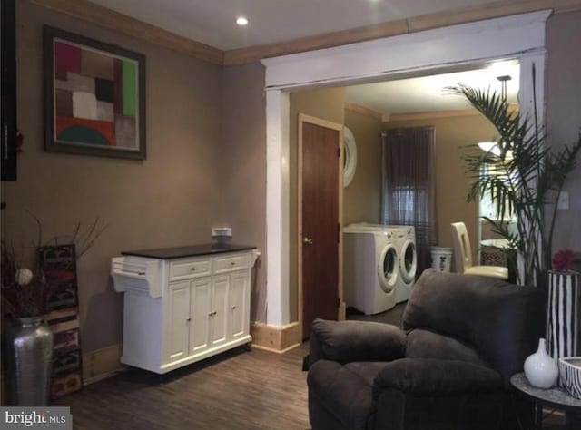 interior space featuring washer and clothes dryer, dark hardwood / wood-style flooring, and ornamental molding