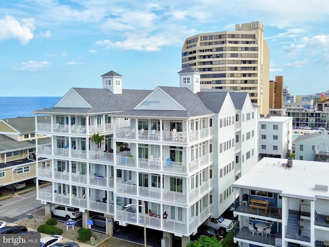 view of building exterior with a water view