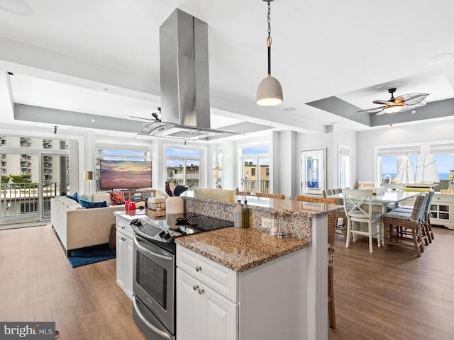 kitchen featuring stainless steel electric stove, hanging light fixtures, light hardwood / wood-style floors, and white cabinets