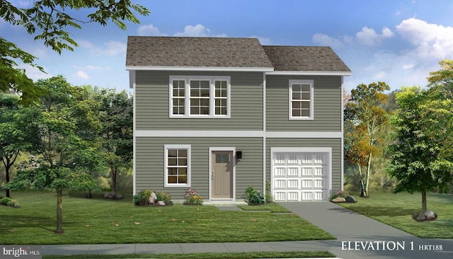 view of front of home with a front lawn and a garage