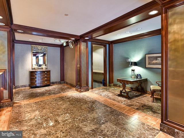 interior space featuring crown molding, light parquet flooring, and beam ceiling