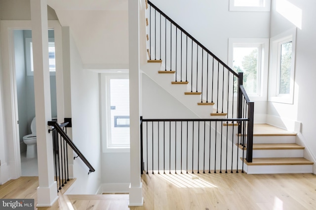 stairs with light hardwood / wood-style floors