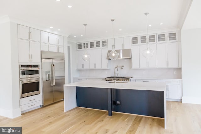 kitchen with white cabinets, light hardwood / wood-style flooring, appliances with stainless steel finishes, and an island with sink