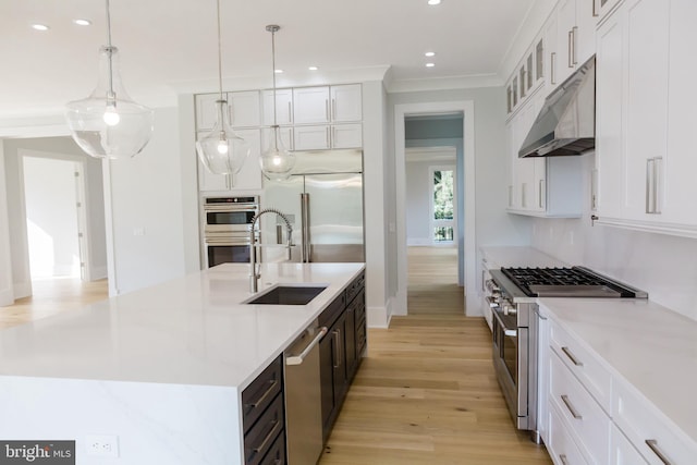 kitchen with high quality appliances, light wood-type flooring, white cabinetry, and hanging light fixtures