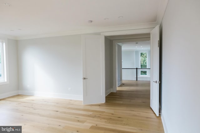 empty room with crown molding, light wood-type flooring, and a healthy amount of sunlight