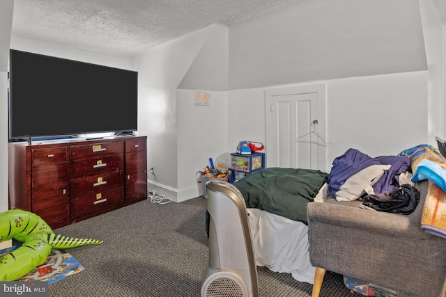 carpeted bedroom featuring lofted ceiling and a textured ceiling