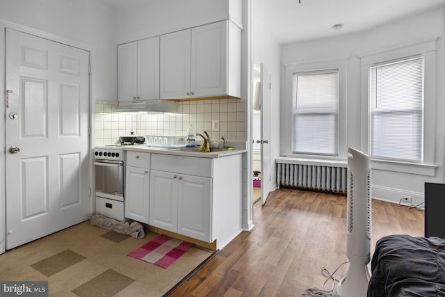 kitchen featuring wood-type flooring, white cabinetry, and radiator