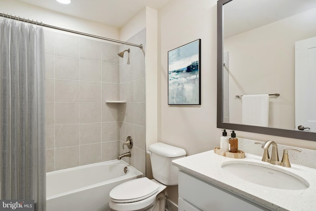 full bathroom with shower / bath combination with curtain, oversized vanity, and toilet