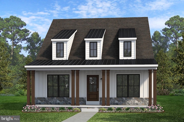 view of front of house featuring metal roof, a porch, a standing seam roof, and board and batten siding