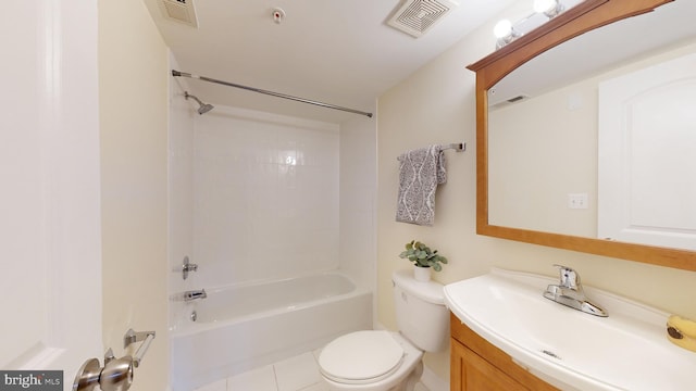 full bathroom featuring tile flooring, large vanity, toilet, and bathtub / shower combination