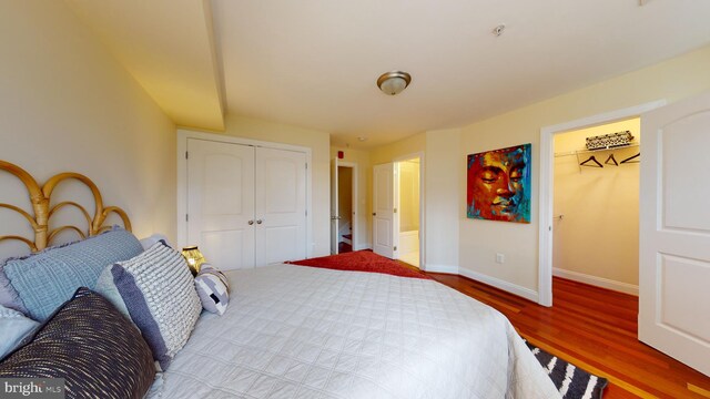 bedroom with a closet and hardwood / wood-style flooring