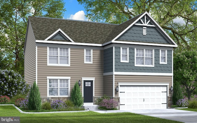 view of front of house featuring a front yard and a garage