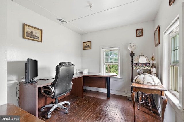 office with dark wood-type flooring