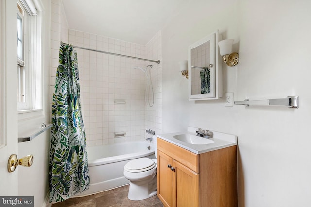 full bathroom with shower / bath combination with curtain, tile flooring, oversized vanity, and toilet