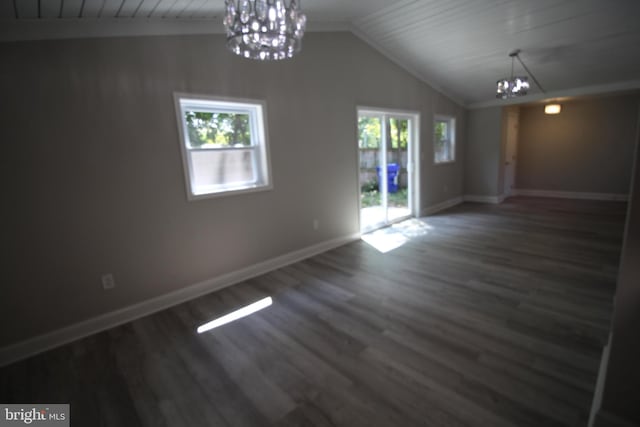 empty room featuring an inviting chandelier, lofted ceiling, dark hardwood / wood-style floors, and wood ceiling