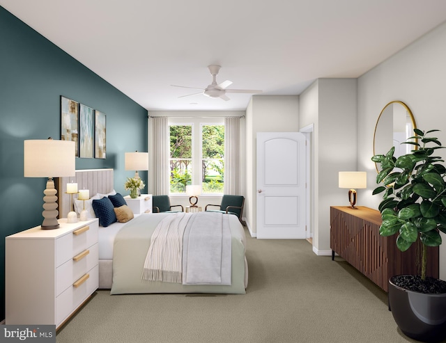 bedroom with light carpet and ceiling fan