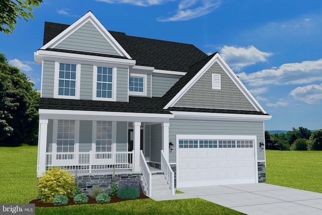 craftsman-style home with a garage, covered porch, and a front lawn