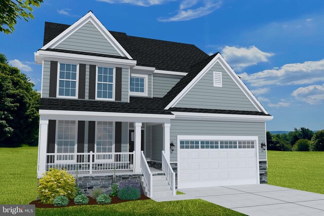 view of front facade with a porch, a garage, and a front lawn