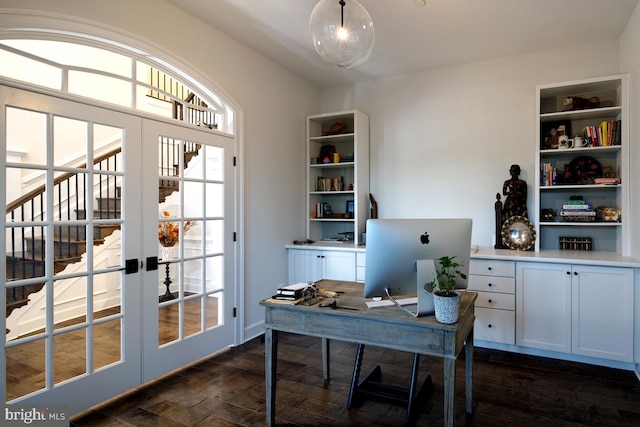 office area with dark wood-type flooring and french doors